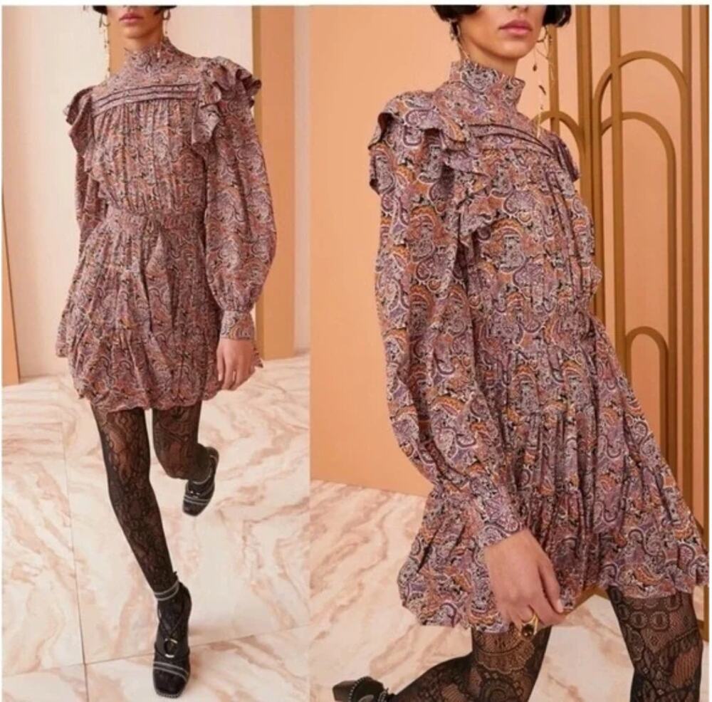 Ulla Johnson Luna 100% Silk Paisley Belted Mini Dress Goldenrod Purple Size 4